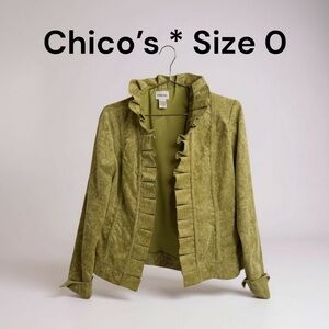 Chico’s Size 0 - 4Green Ruffle Open Front Jacket Blazer • Dressy Career Layering